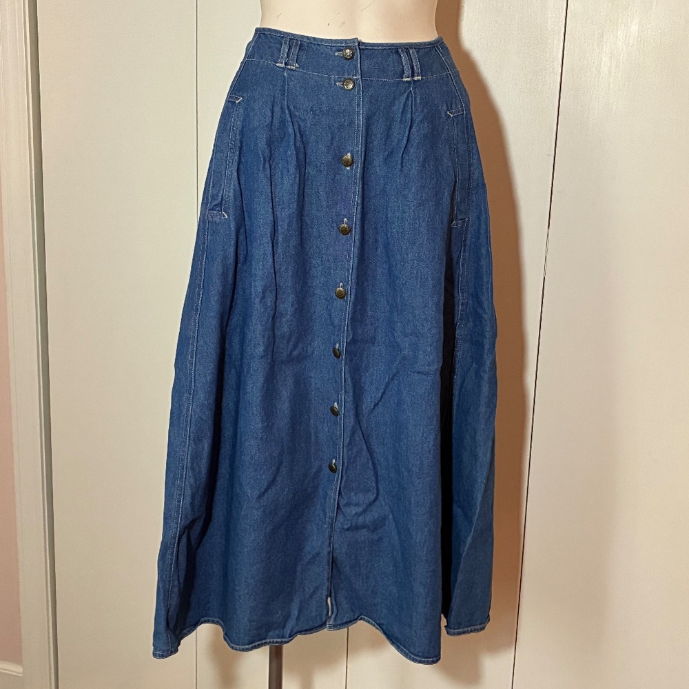 Vintage 1970-80 Koret Blue Denim Skirt Size 10 Unique Button Front Maxi Skirt